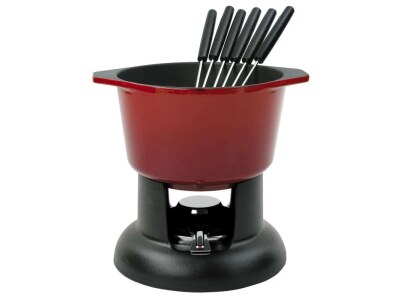 Chasseur Fondue in Cast Iron with Burner and Fork Set - Chilli Red